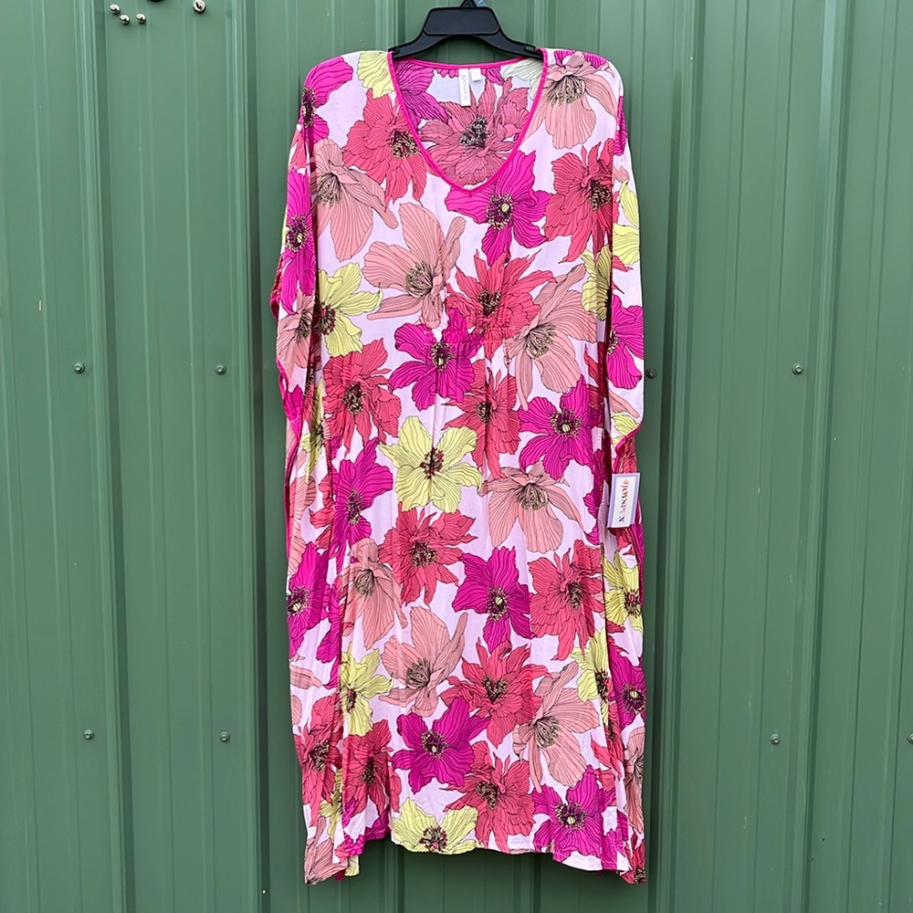 Floral V-Neck Long Sleeve Nightgown Caftan- Pink Multi